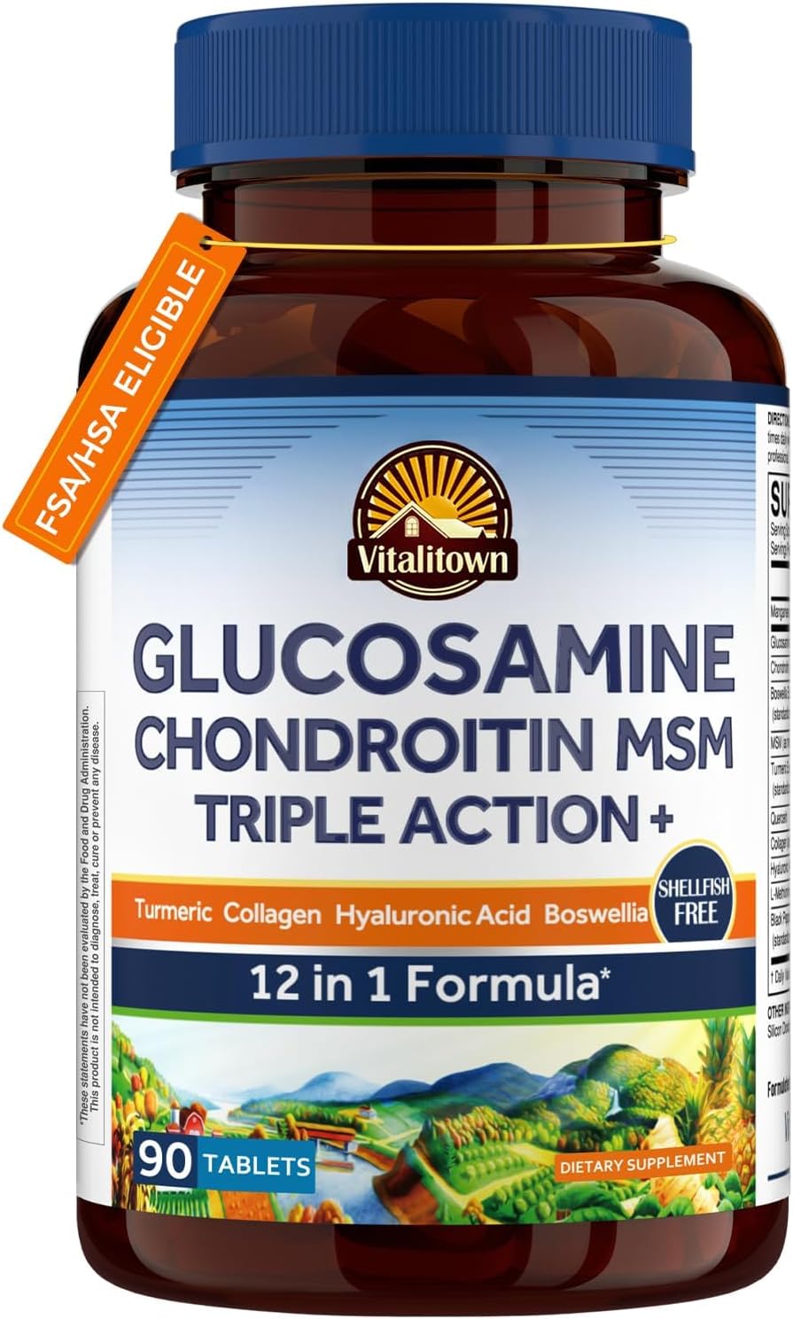 Glucosamine Chondroitin MSM | Collagen, Boswellia, Turmeric, Hyaluronic Acid, Bromelain | Triple Action+ Formula | 12 Ingredients | 90 Tablets, No Shellfish