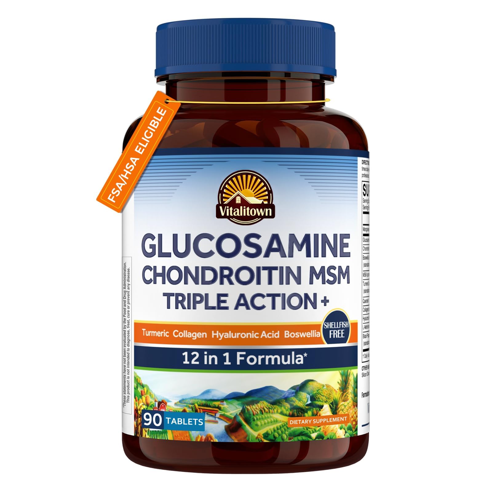 Glucosamine Chondroitin MSM | Collagen, Boswellia, Turmeric, Hyaluronic Acid, Bromelain | Triple Action+ Formula | 12 Ingredients | 90 Tablets, No Shellfish