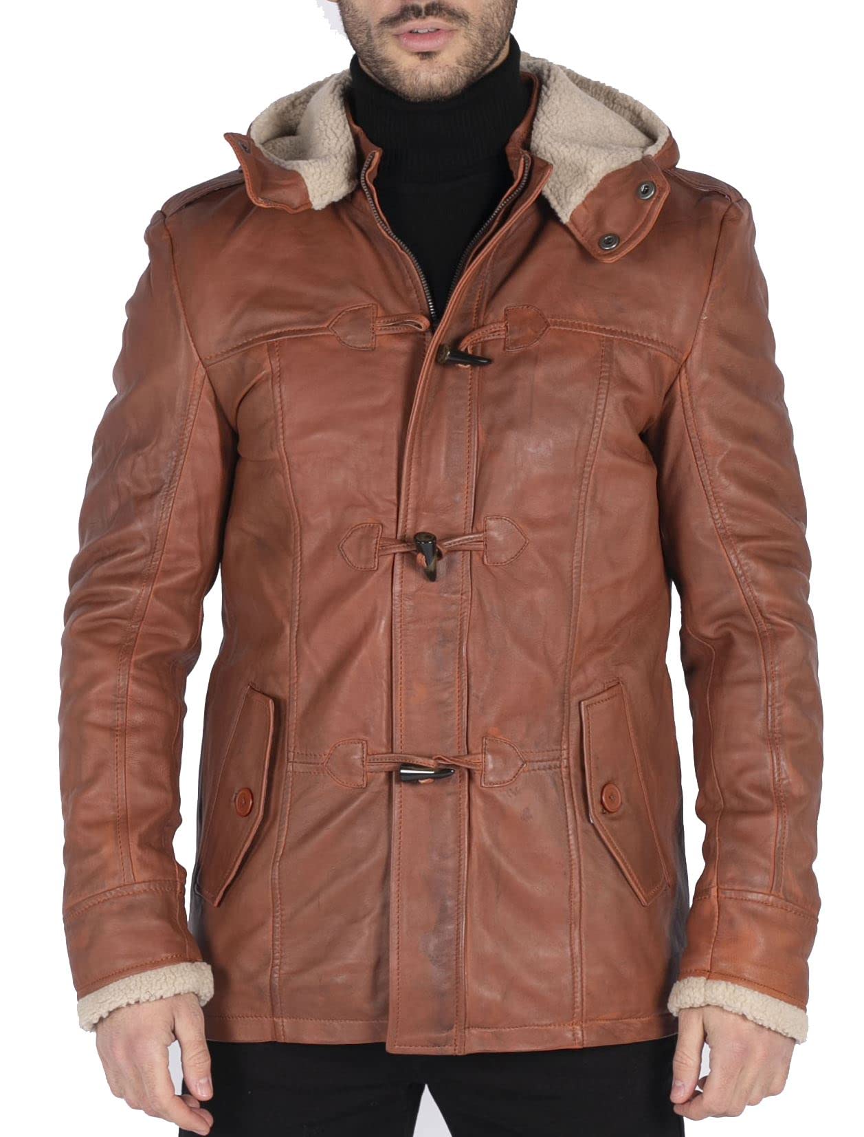 TruClothing Men's Trenchcoat Jacket Outwear Windproof Winter Parka Real Leather Jackets Coat Fleece Hood - Tan XL