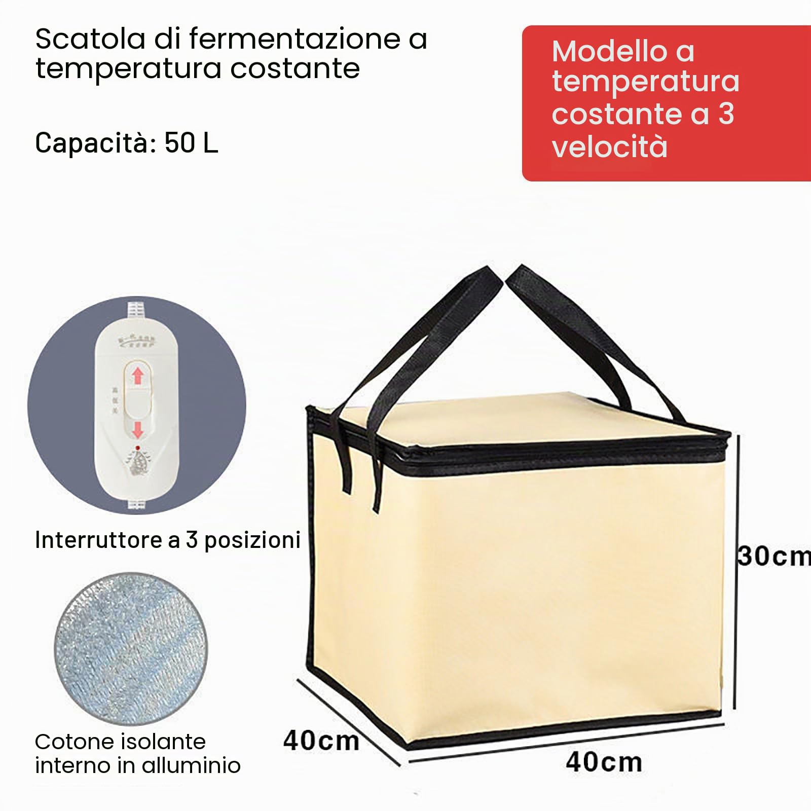 Scatola per lievitazione di impasti (20 l, 30 l, 35 l, 50 l), con riscaldatore + manico, regolazione a 3 marce, riutilizzabile, riscaldamento a bassa temperatura per pane, yogurt, natto