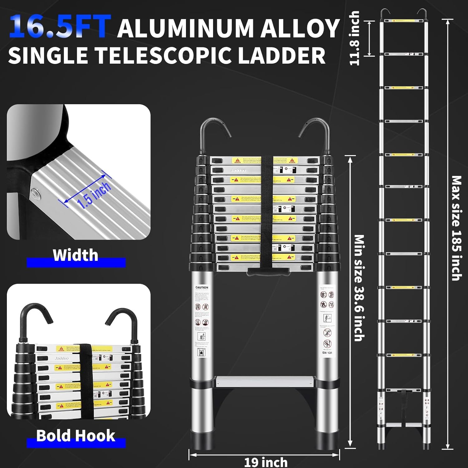 JADDUO 16.5FT Telescopic Ladder (Silver) Aluminum Extension Ladder with Non-Slip Feet & Stable Hook Heavy Duty Portable Ladder for Household/Outdoor, 330lbs Max Capacity