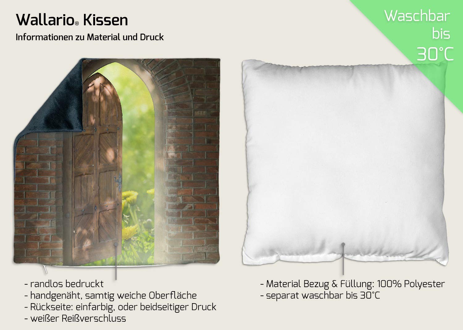 Wallario Dekokissen 40 x 40 cm, Offene Pforte, beidseitig Bedruckt, Kuschelkissen mit weicher Plüsch-Oberfläche