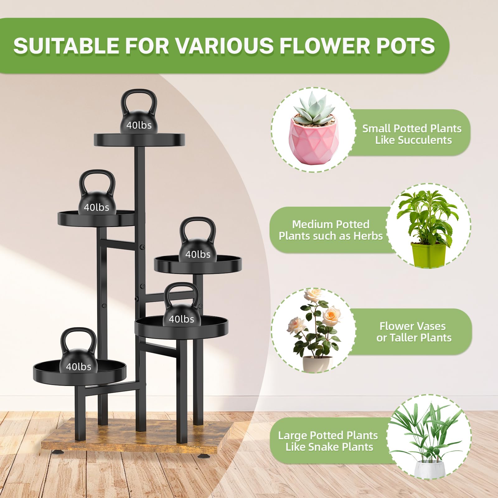 iDavosic.ly Support pour plantes d'intérieur et d'extérieur, étagère d'angle en métal à 5 niveaux, grand support pliable pour orchidées pour terrasse, balcon, porche, jardin, salon, maison, doré