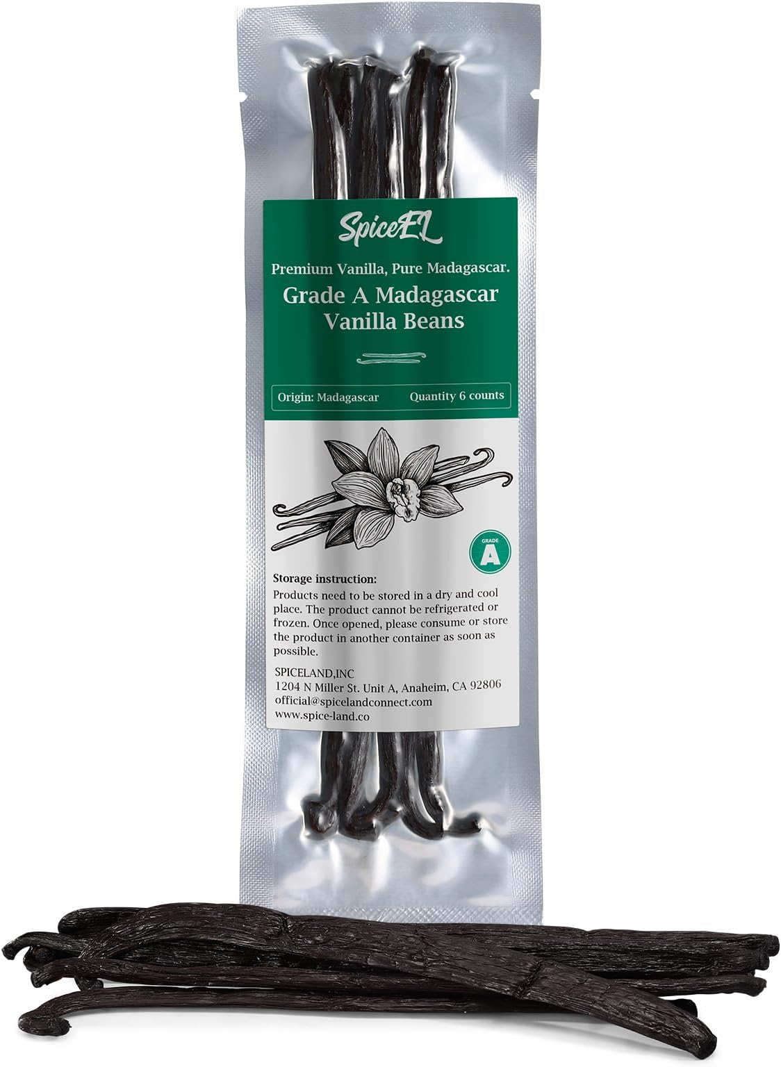 SPICEEL Madagascar Vanilla Beans Whole Grade A Vanilla Pods for Making Extract, Whole 5" - 7" Vanilla Beans for Baking, 6 Counts