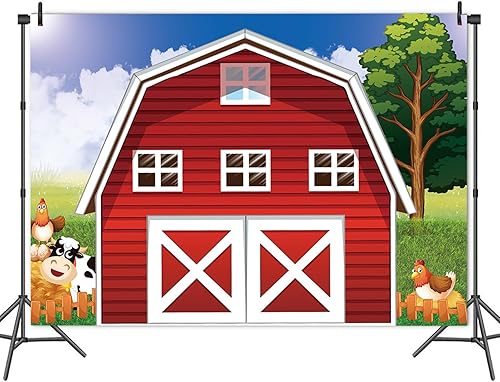 Miniatura 4 de Fondo de fotografía de dibujos animados de animales de granja de animales, fondo de fotos rústico rojo para baby shower, niños recién nacidos,