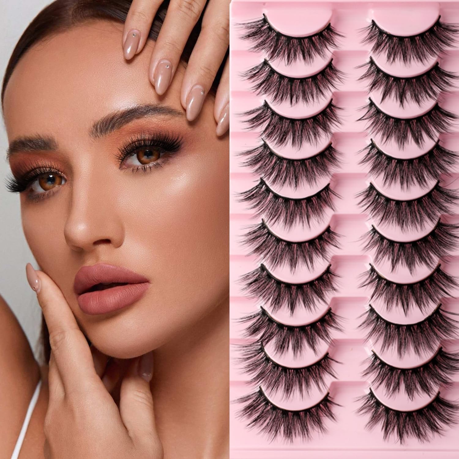 ZARBENVA False Eyelashes 10 Pairs Cat Eye D Curly Natural Look Fluffy Wispy Russian Strip Lashes Faux Mink Fake Lashes (Y504)