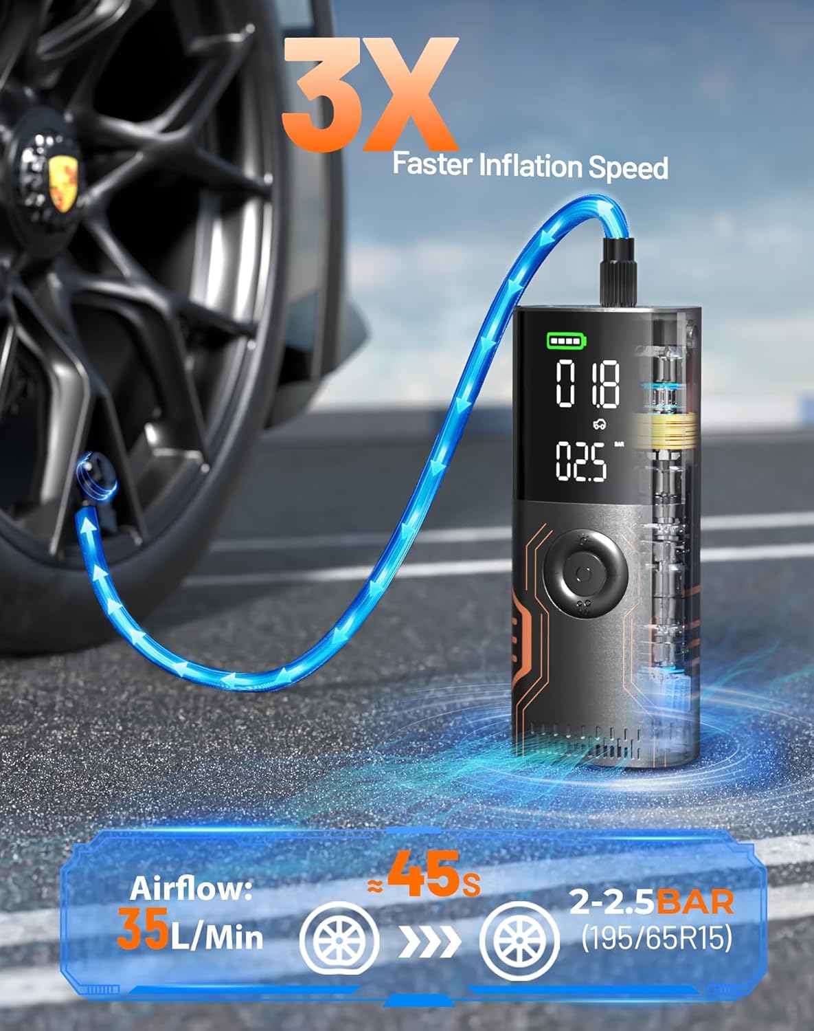 Tire Inflator Portable Air Compressor - Smart APP Air Pump for Car Tires, All-in-One Storage Portable Tire Pump for Car, 3X Speed & Automatic Stop Inflation, for Car, Motorcycle, Bicycle, Ball — view 4