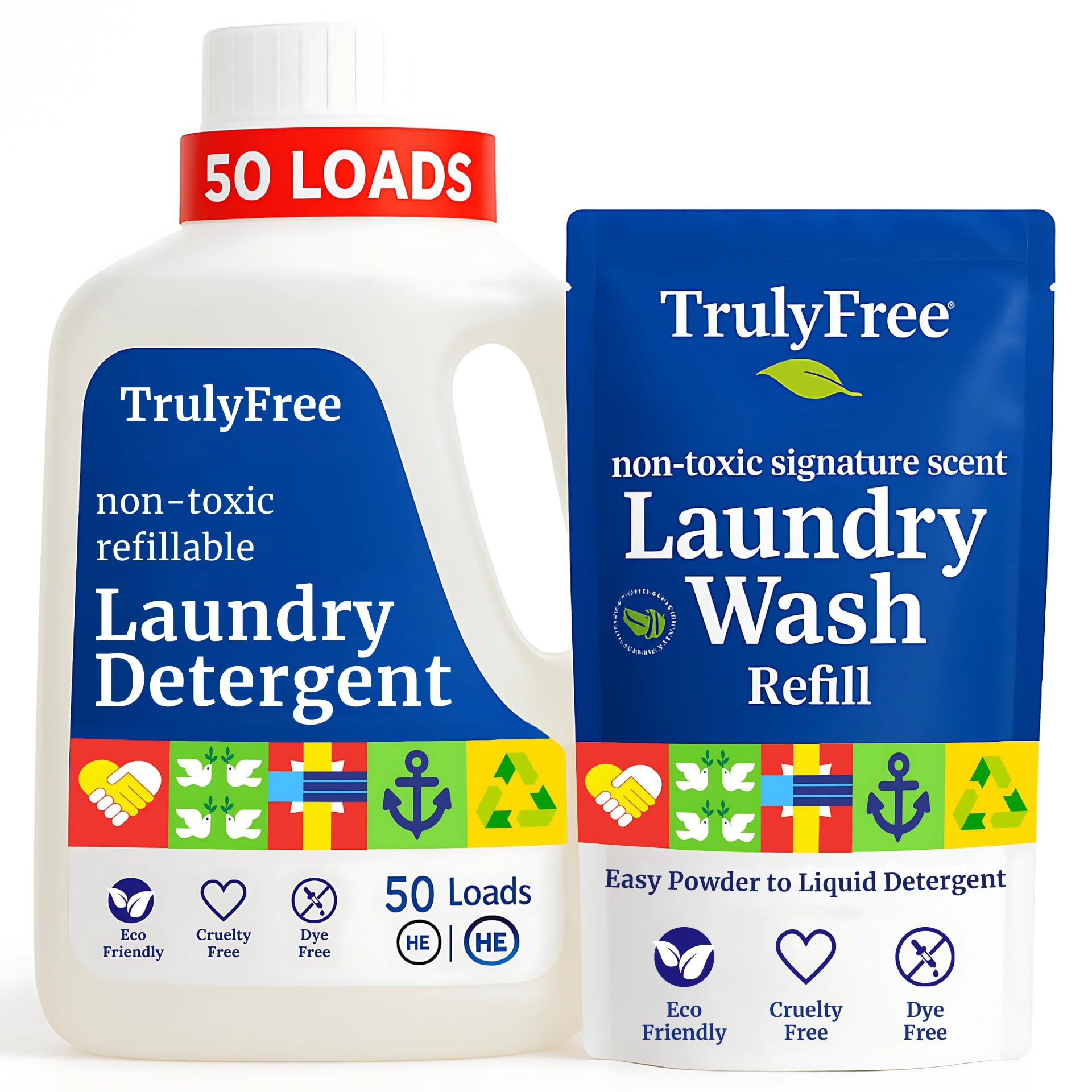 Natural Laundry Detergent for Sensitive Skin | Eco Friendly, Plant Based, Baby Clothes Safe | Clean & Easy Powder to Liquid, 1 Pack Detergent + 1 Refillable Jug | Signature Scent, 50 Loads[Amazon-developed Certification] Compact by Design
