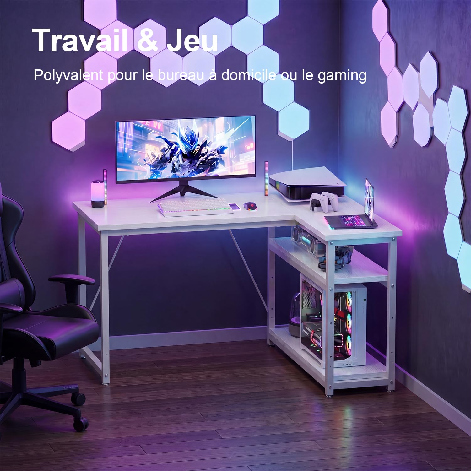JUMMICO Bureau d'angle en L Réversible, Bureau de Travail 100x80cm Blanc
