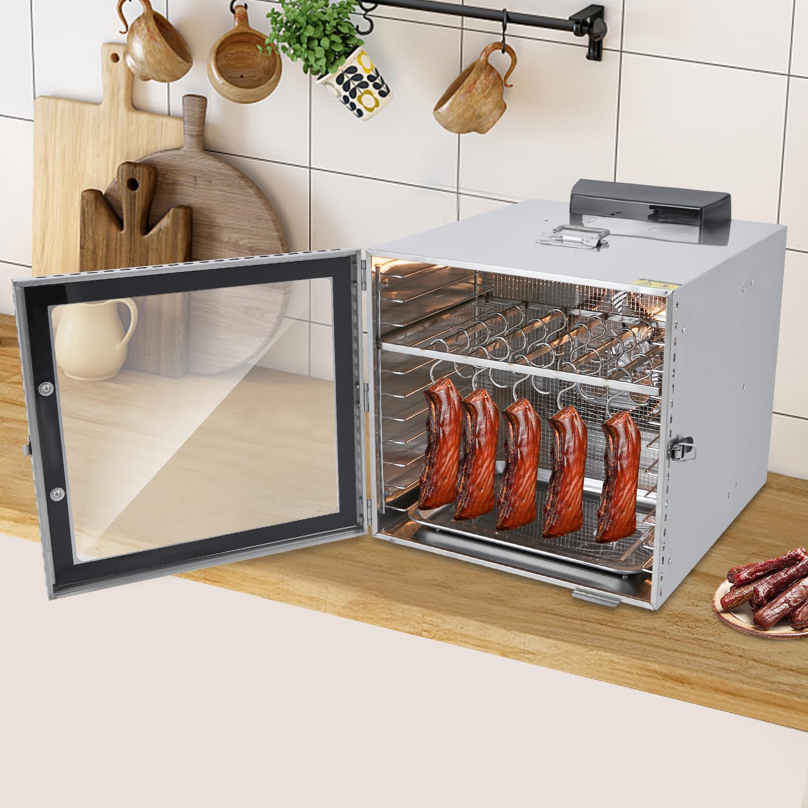 Dörrautomat Edelstahl 1000W 10 Etagen 42.5L Trocknungsschrank-Trockner Maschine mit Ölauffangschale und 20 Haken, 30-90°C Timer 24H Lebensmittel-Dehydrator für Rindfleisch Hühnerwurst Hundeleckerlis