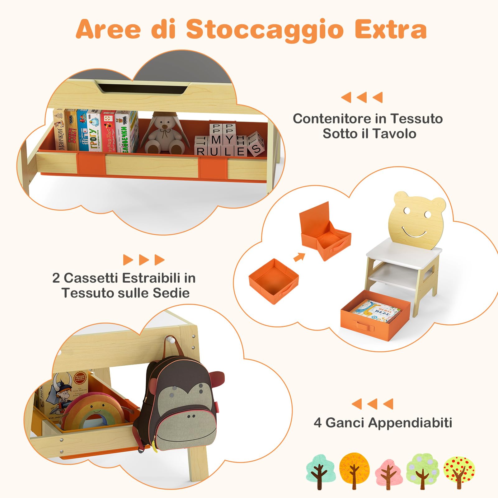 COSTWAY 5 in 1 Set Tavolino e Sedie per Bambini a Tema di Orso, Naturale