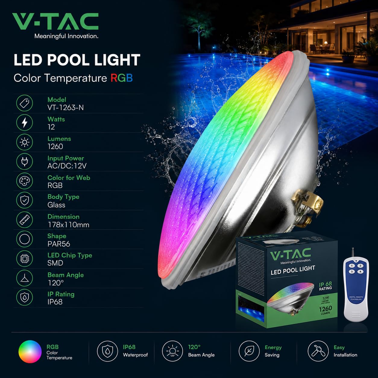 V-TAC Lampada Led da Piscina Multicolore RGB 12W - CON TELECOMANDO - PAR56 - Lampada Vetro Antiurto IP68 per Illuminazione Piscine e Fontane - 1260 Lumen - Luce Colorata Subacquea