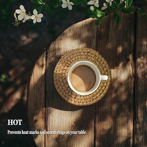 Miniatura 7 de Juego de 6 posavasos de ratán hechos a mano con soporte, posavasos bohemios de mimbre natural, resistentes al calor para bebidas frías y calientes