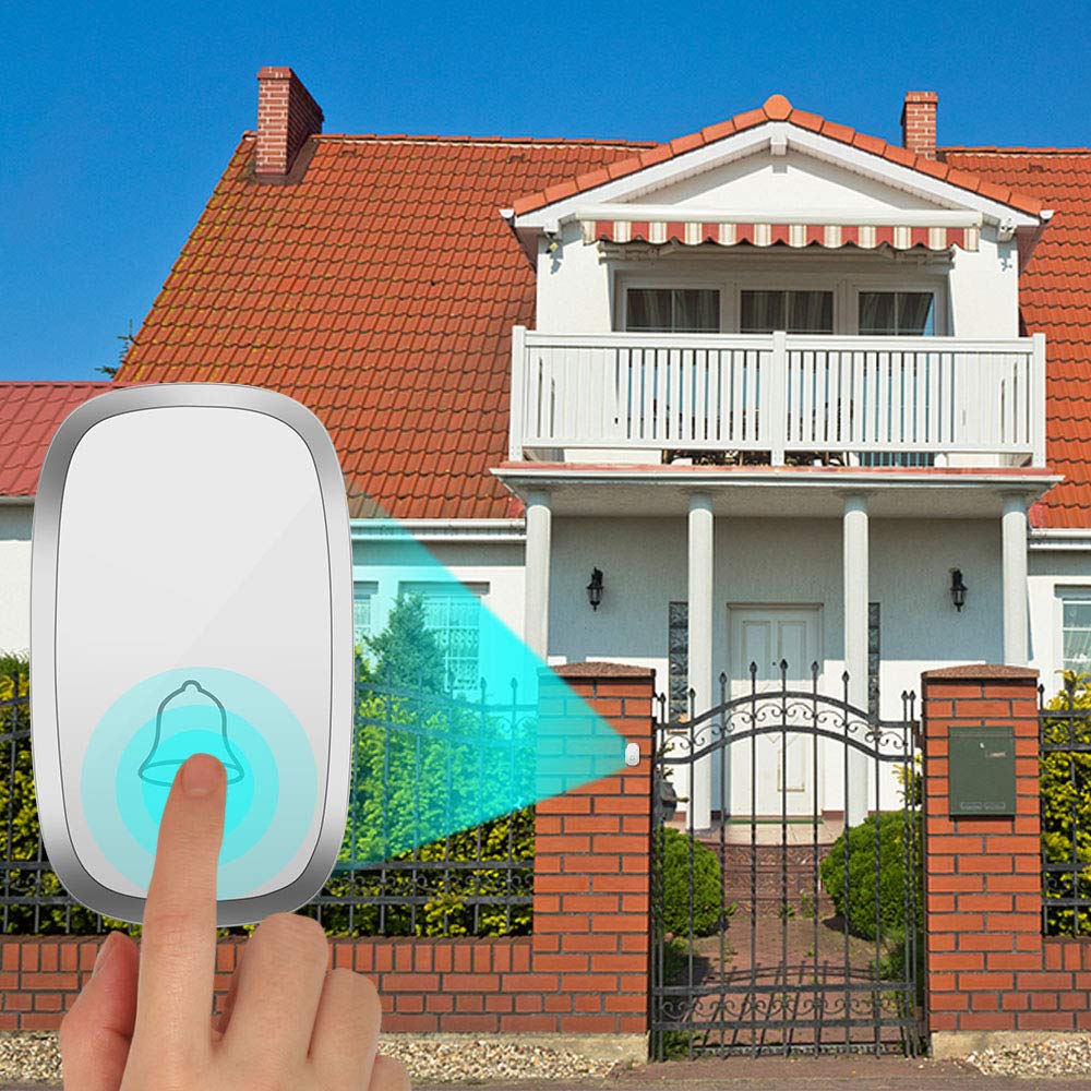 Timbre Inalámbrico Impermeable Timbres para Puerta, Receptor y 1 Transmisor, 4 Volumen Ajustable, 36 Melodías Ajutables, Alcance a 300m, Timbre de Puerta para Interior y exterio (Blanco)