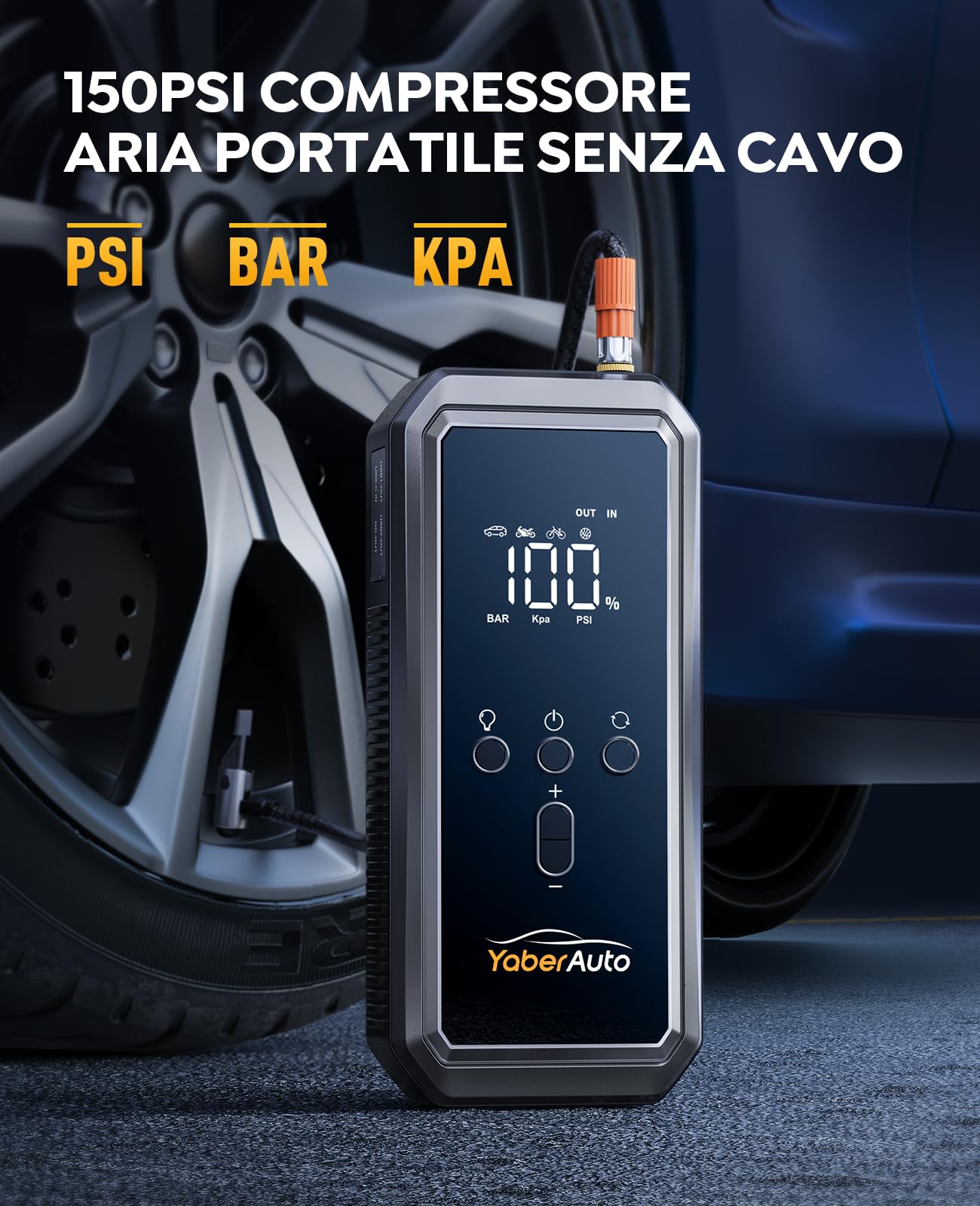 Avviatore Emergenza per Auto con Compressore 150PSI 5000A 21800mAh, YaberAuto Booster Avviamento Auto/Moto per 9.0L Gas/8.0L Diesel, 12V Starter Batteria con Ricarica Rapida 18W,Uscita DC 160W,Torcia