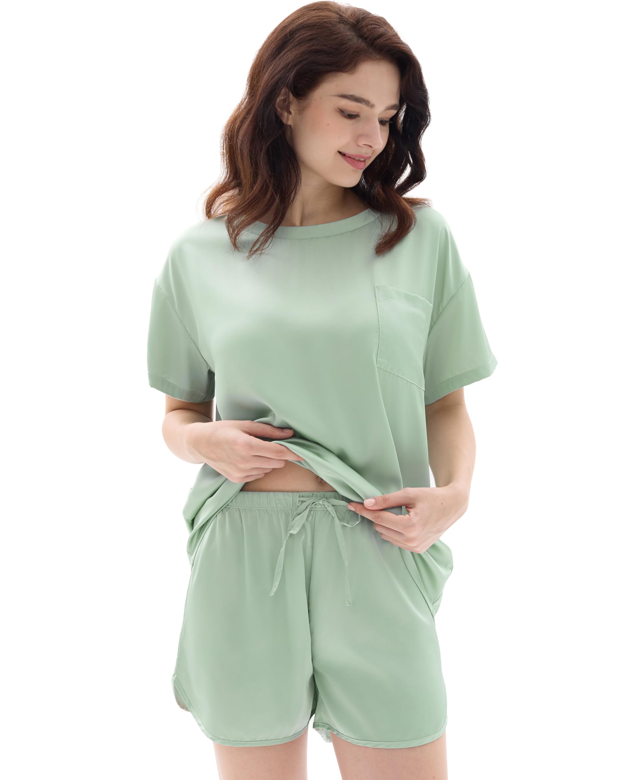 Joyaria Satin Pajamas for Women Short Sleeve Silk Pjs Round Neck Lightweight Lounge Set Soft Shorts Sleepwear Over Size