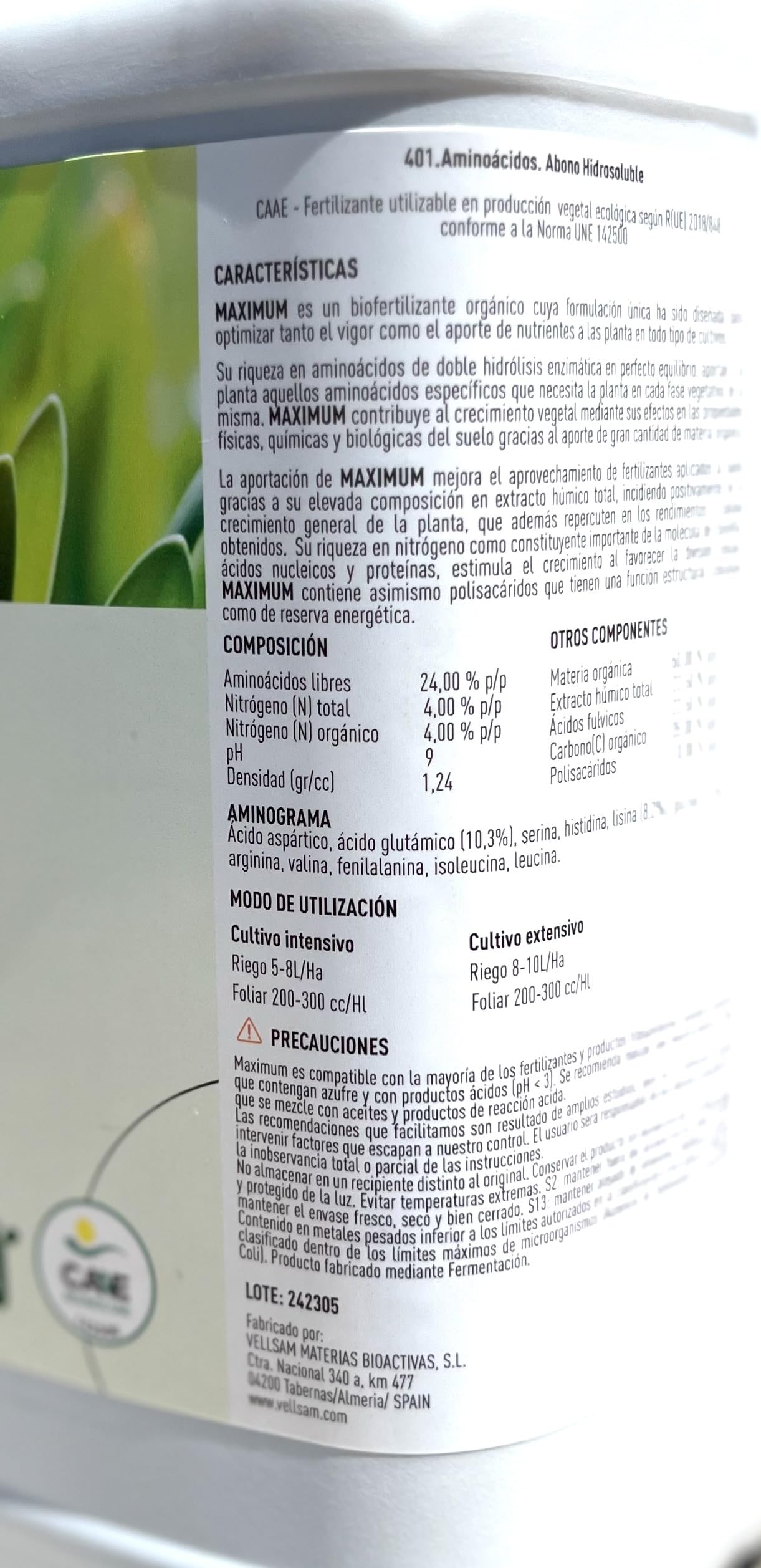 Abono foliar de aminoácidos concentrados 5 l. Bioestimulante de origen vegetal con calificación ecológica. Maximum 5