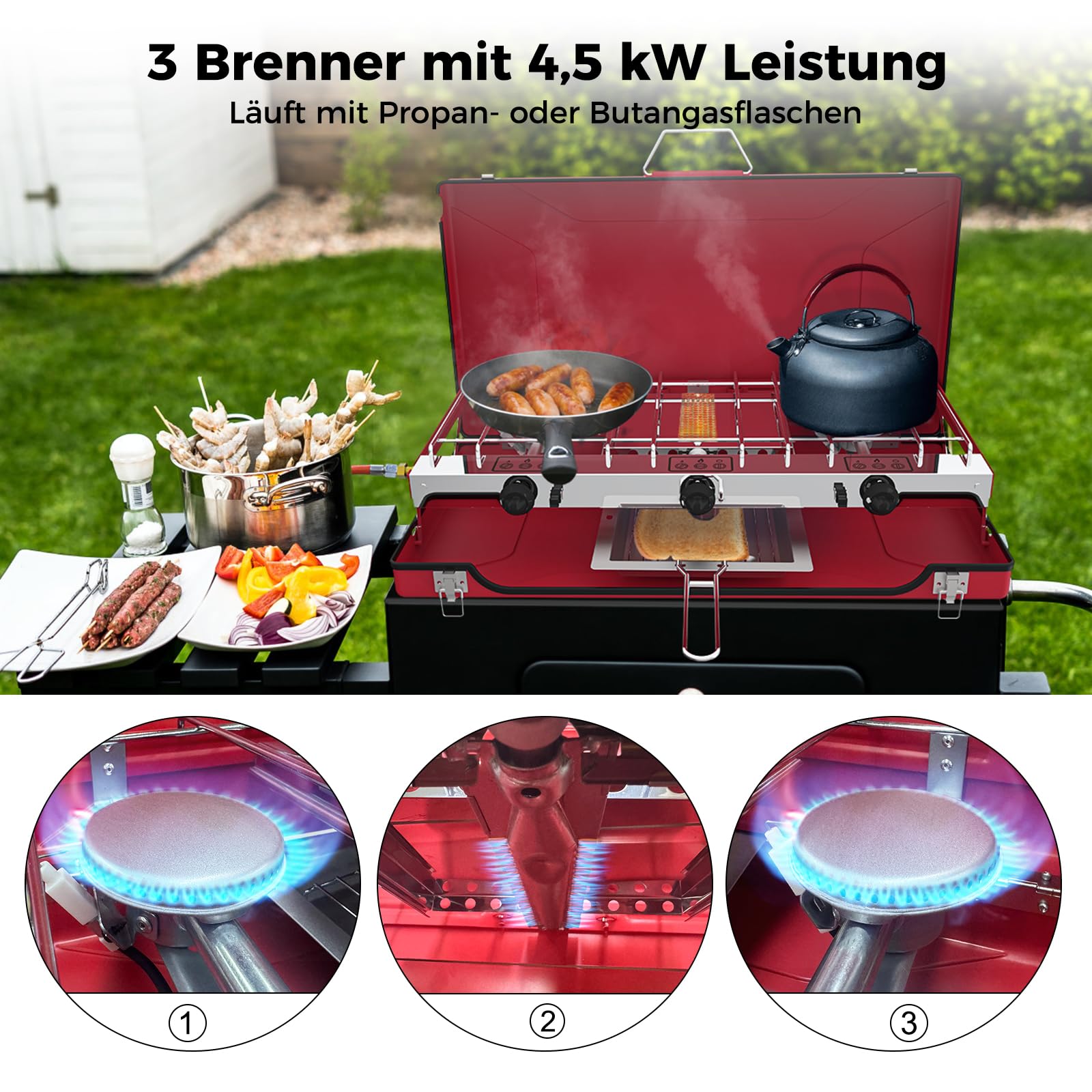 CAMPLUX JK-5330-DE Campingkocher 3-Flammig mit Deckel, 4.5kW Camping Gaskocher mit 50mbar Gasregler, Butan/Propan, Winddicht