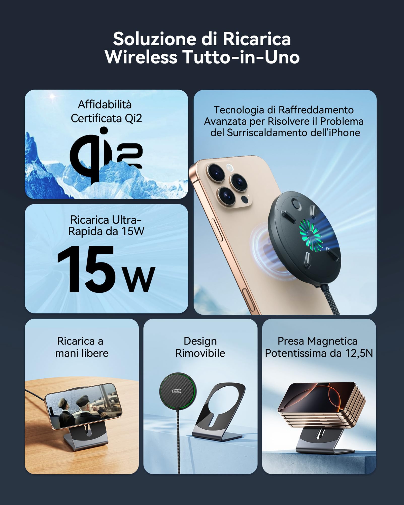 INIU Caricatore Wireless iPhone, Certificato Qi2 Caricabatterie Magnetico 15W Rapido, Stazione Ricarica Wireless Mag-Safe per iPhone 17 16 15 14 13 Pro Max Mini AirPods 4 3 2(con Adattatore USB C 20W)