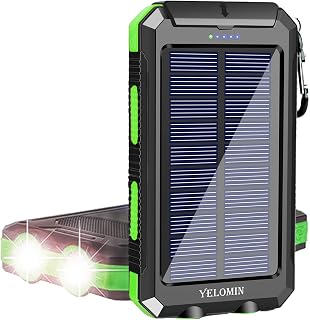 Portable Solar Charger, YELOMIN 20000mAh Waterproof Power Bank for Cellphones Tablets, External Backup Pack Battery Dual USB Outputs/LED Flashlights, Suitable Outdoor Camping Green