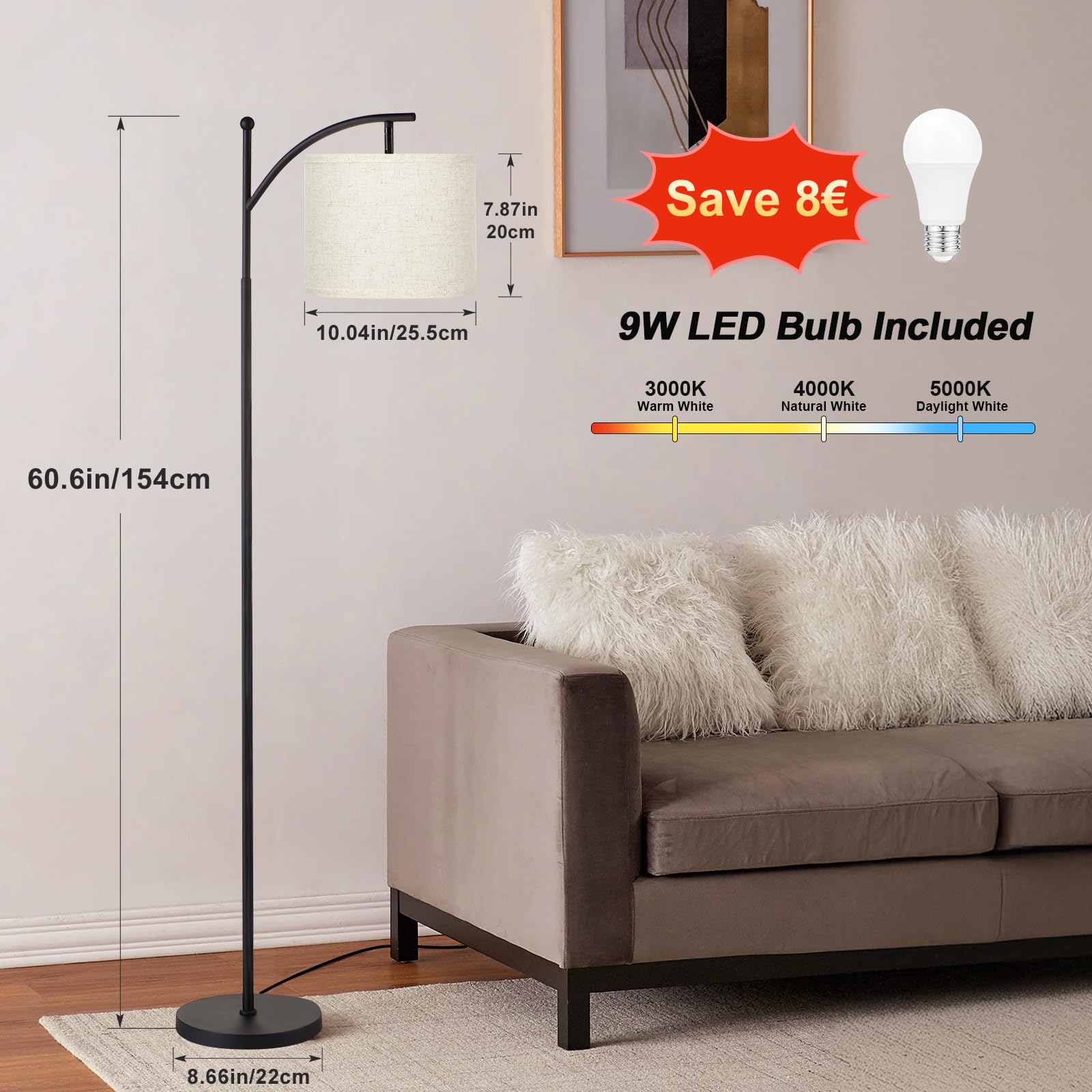 Stehlampe Wohnzimmer, Moderne Stehleuchte mit 3 Farbtemperaturen, LED Standleuchte Hoch mit Verstellbarem Leinenschirm, Stehlampe Vintage für Wohnzimmer Schlafzimmer Büro (Birne Enthalten)