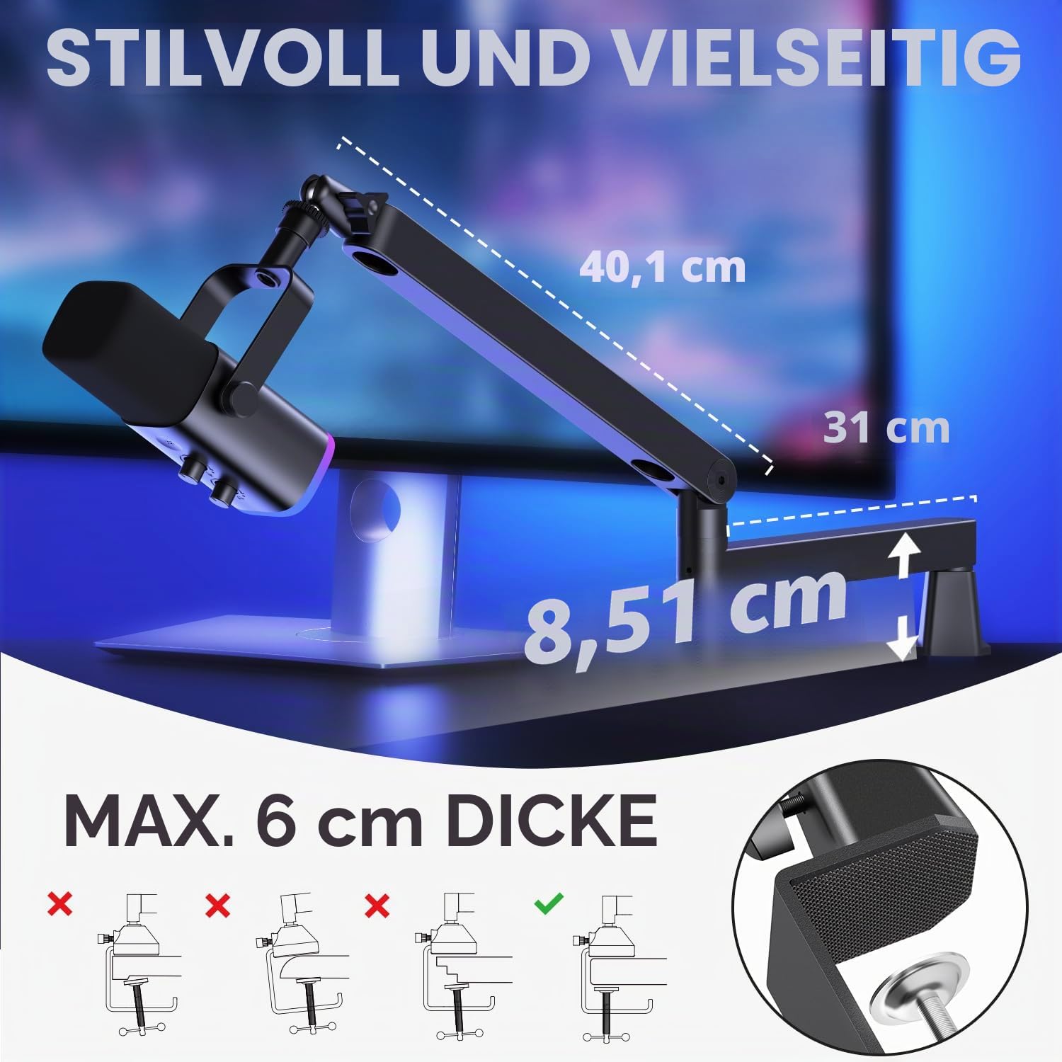 InnoGear Mikrofonständer mit niedrigem Profil, Mikrofonständer, Schreibtischhalterung, Schwarz | Für Fifine AM8 K669B Elgato Blue Yeti Shure SM58 SM7B, 1,5 kg Gewichtskapazität, vibrationsbeständig, einstellbarer Winkel