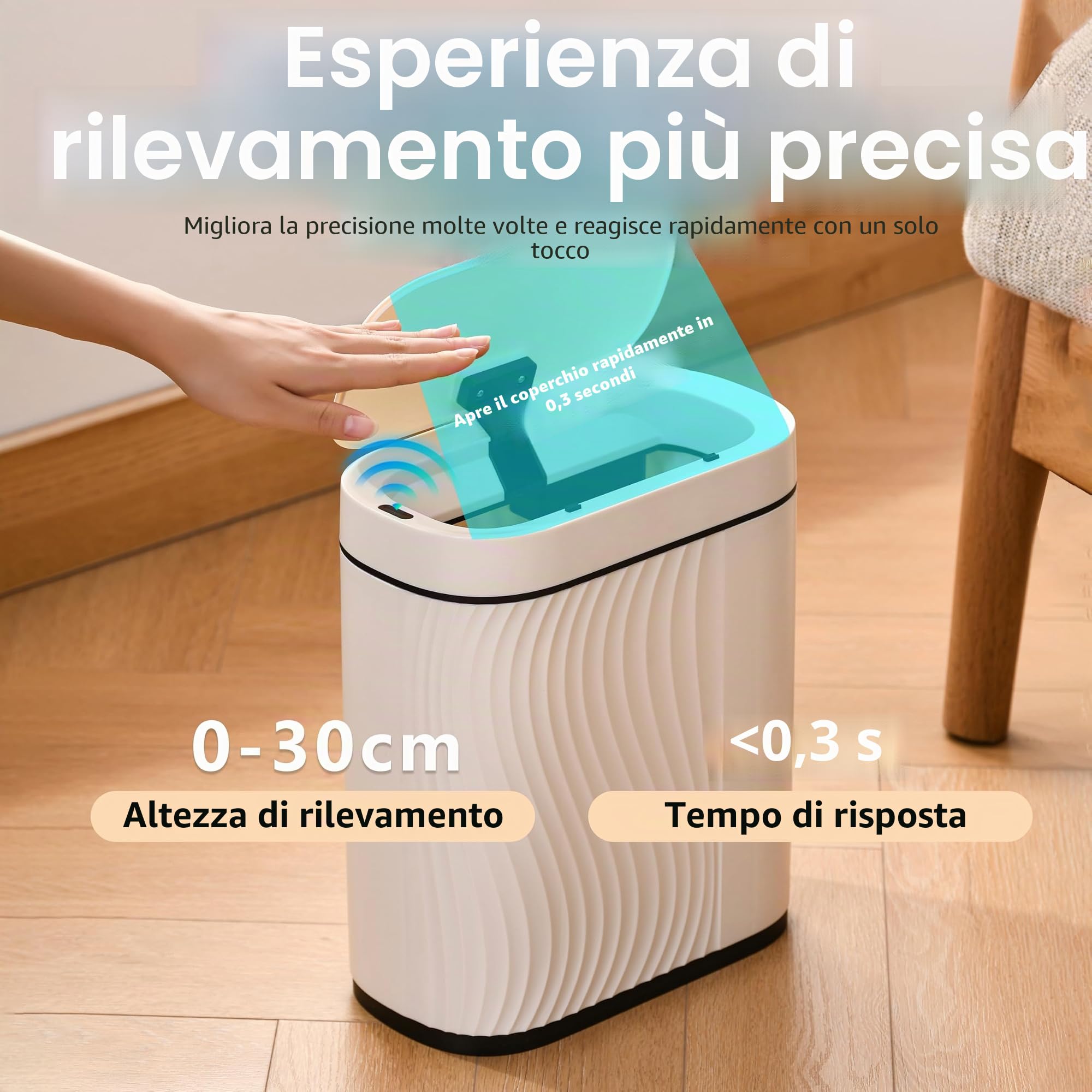 Cestino Automatico con Sensore 8L - Cestino Elettrico con Coperchio per Cucina e Bagno - Impermeabile e Antiodore per Ufficio, Camera da Letto, WC - Bidone Bianco Silenzioso