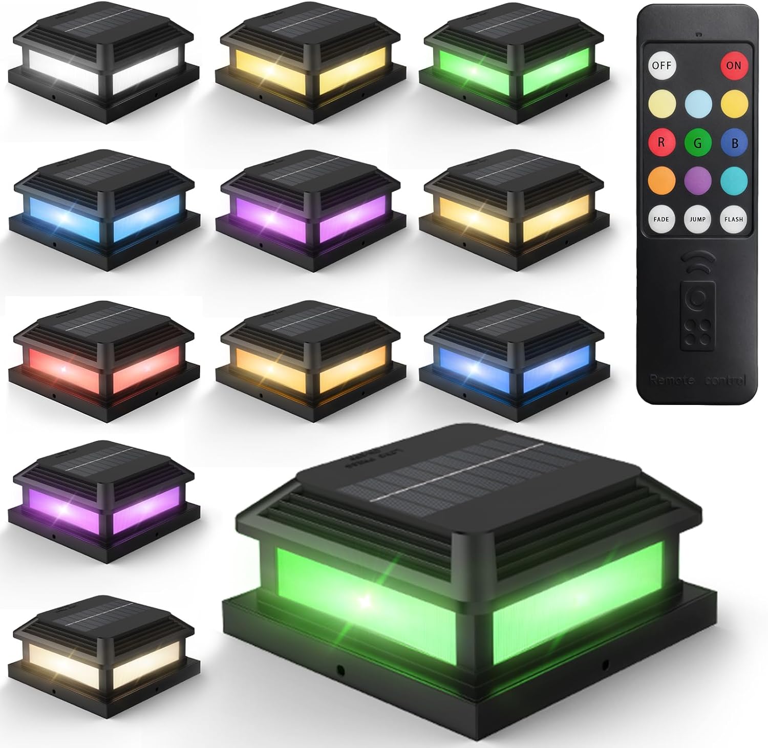 Solar Post Cap Lights with Remote 12 Pack, 9 Colors 3 Modes Changing Solar Deck Lights Outdoor Waterproof, 4x4 Post Solar Lights Fits 4x4/5x5 Wood/Vinyl Fence Deck Posts,Backyard,Garden,Fence