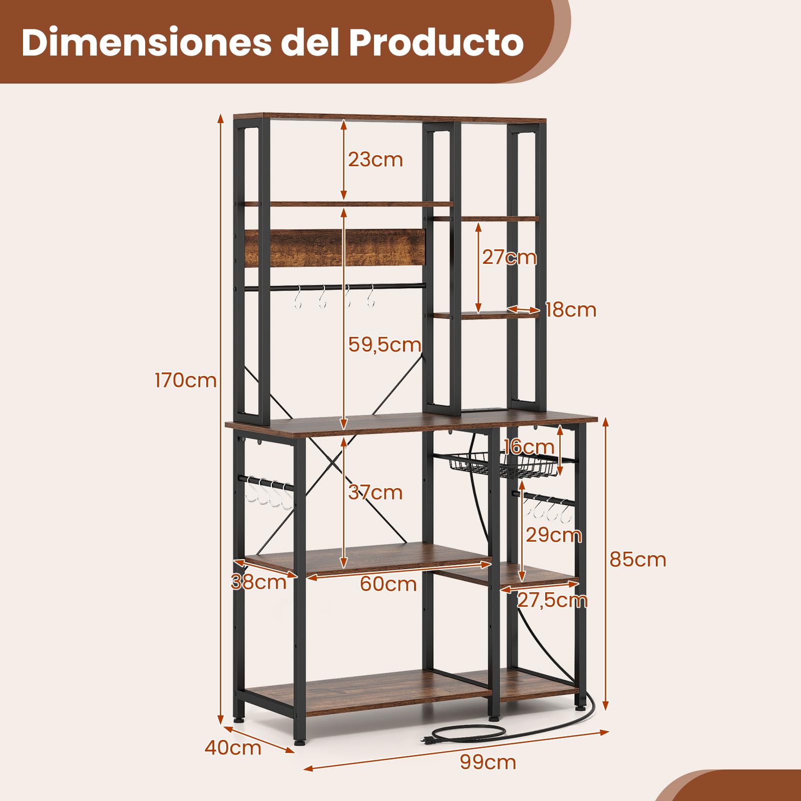 COSTWAY Estantería de Cocina, Armario de Cocina, Mueble para Microondas de 6 Niveles con Estantes Abiertos de Madera, Ganchos y Cesta, Marco Metálico, Organizador Almacenaje Cocina para Aparatos