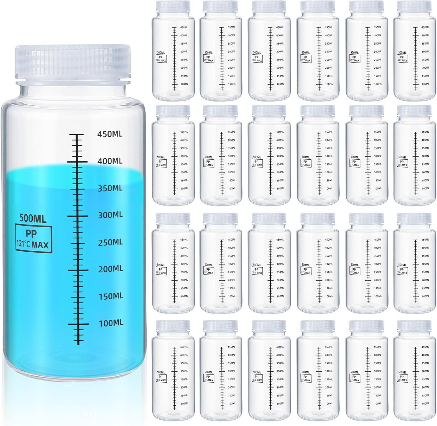 Tatuo 24 Pcs 16 oz 500 ml Polypropylene Plastic Sample Bottles with Screw Caps Sample Containers with Lid for Liquids, Reagent, Pill, Travel, Laboratory, Storage at Home(Wide Mouth-dark Scale)