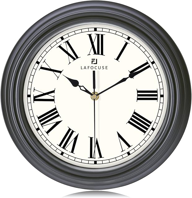 Lafocuse Black Grey Modern Retro Wall Clock for Living Room Decor 12 Inch, Kitchen Wall Clock with Roman Numerals Silent Non Ticking Bedroom Office