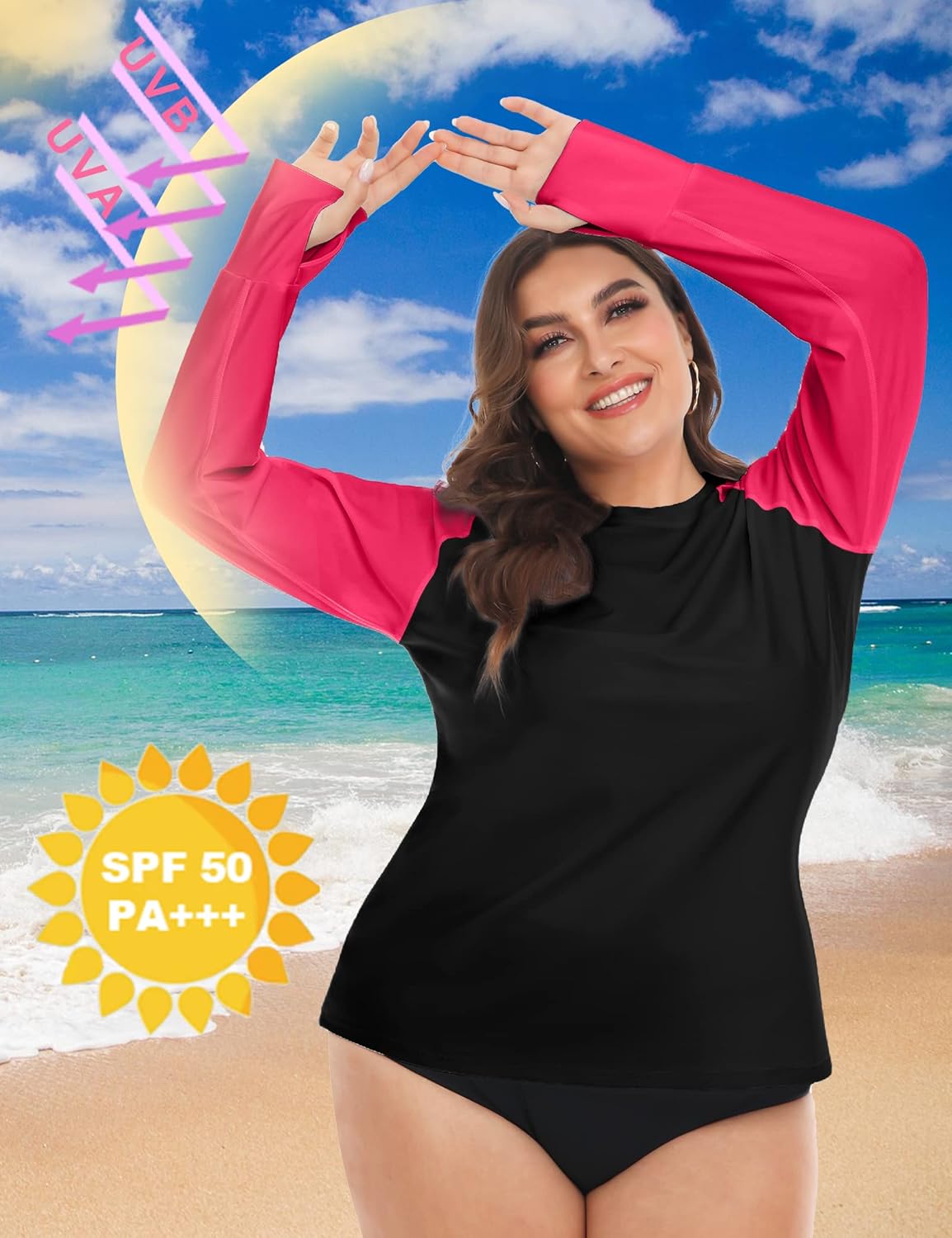FOREYOND Plus Size Rash Guard Shirts for Women Long Sleeves UPF 50+ Sun Protection Loose Fit Swimming Tops Swimwear - Image 2