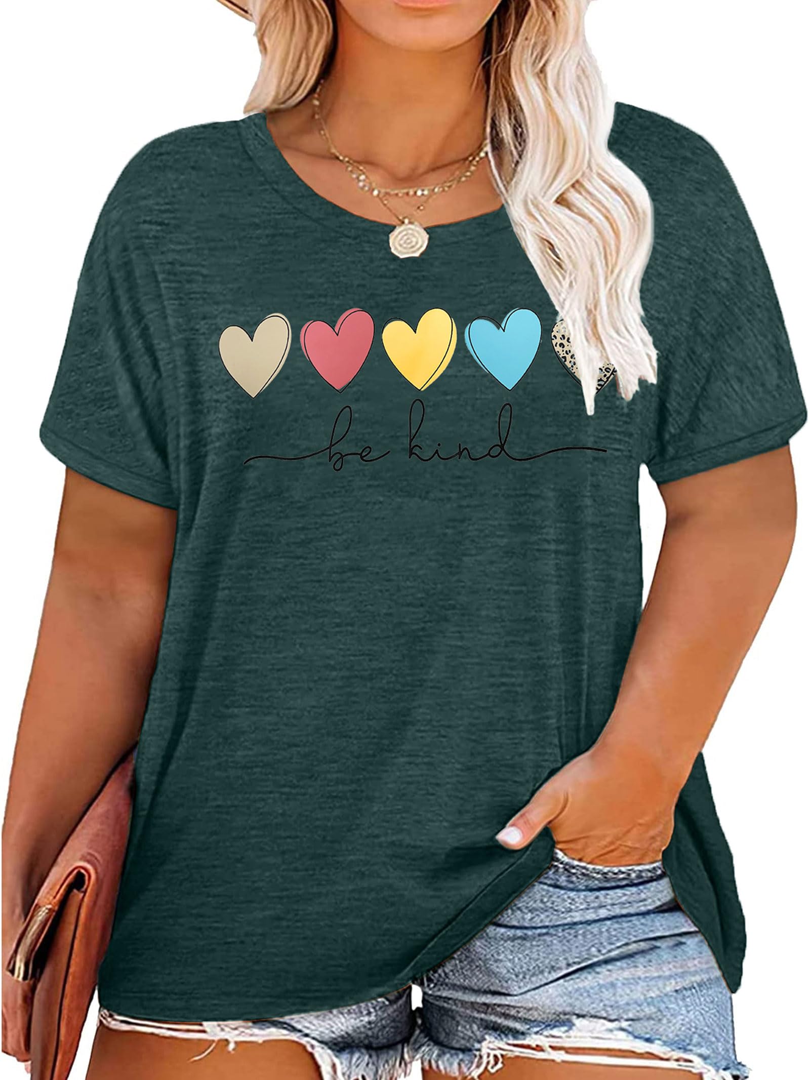 Anbech Womens Plus Size Tops Short Sleeve Casual T-Shirt Kindness Flowers Print Pullover Tunic 1X-5X