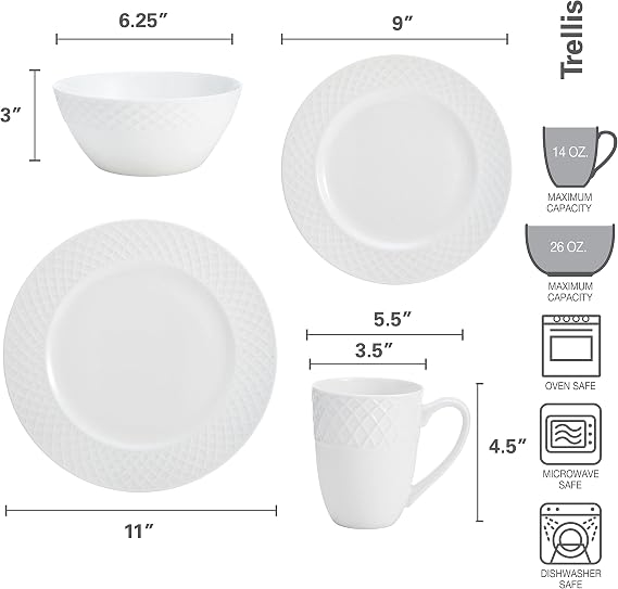 Mikasa Trellis 16-Piece Bone China Dinnerware Set, White, Includes Dinner Plates, Salad Plates, Cereal Bowls and Mugs, Dishwasher Safe