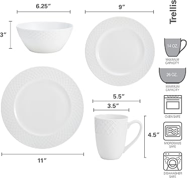Mikasa Trellis 16-Piece Bone China Dinnerware Set, White, Includes Dinner Plates, Salad Plates, Cereal Bowls and Mugs, Dishwasher Safe