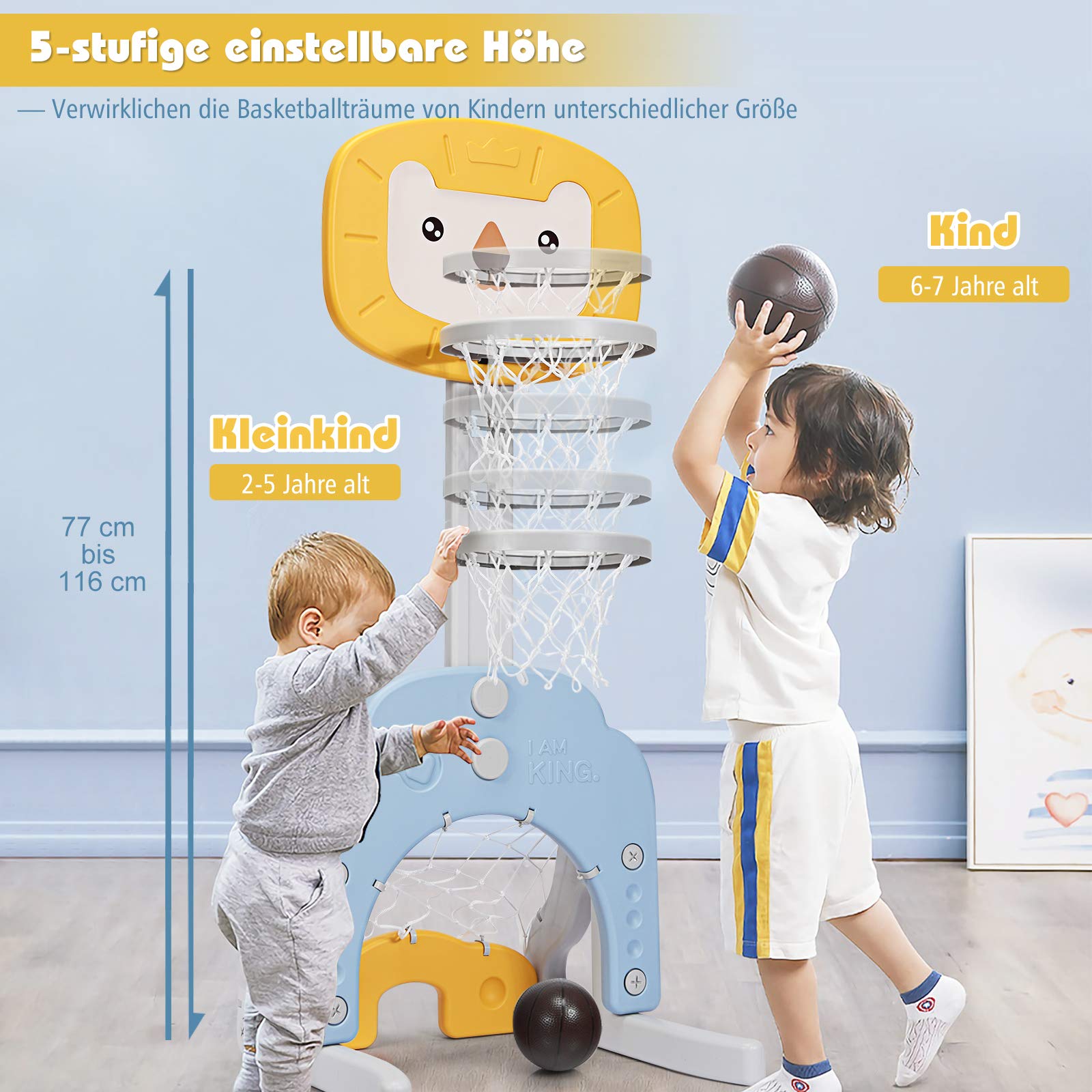 COSTWAY 3 in 1 Kinder Spielplatz, höhenverstellbarer Basketballkorb & Fußballtor & Golf, Basketballständer inkl. Bälle und Golf Club, Korbanlage für Innen- und Außenbereiche (Gelb)