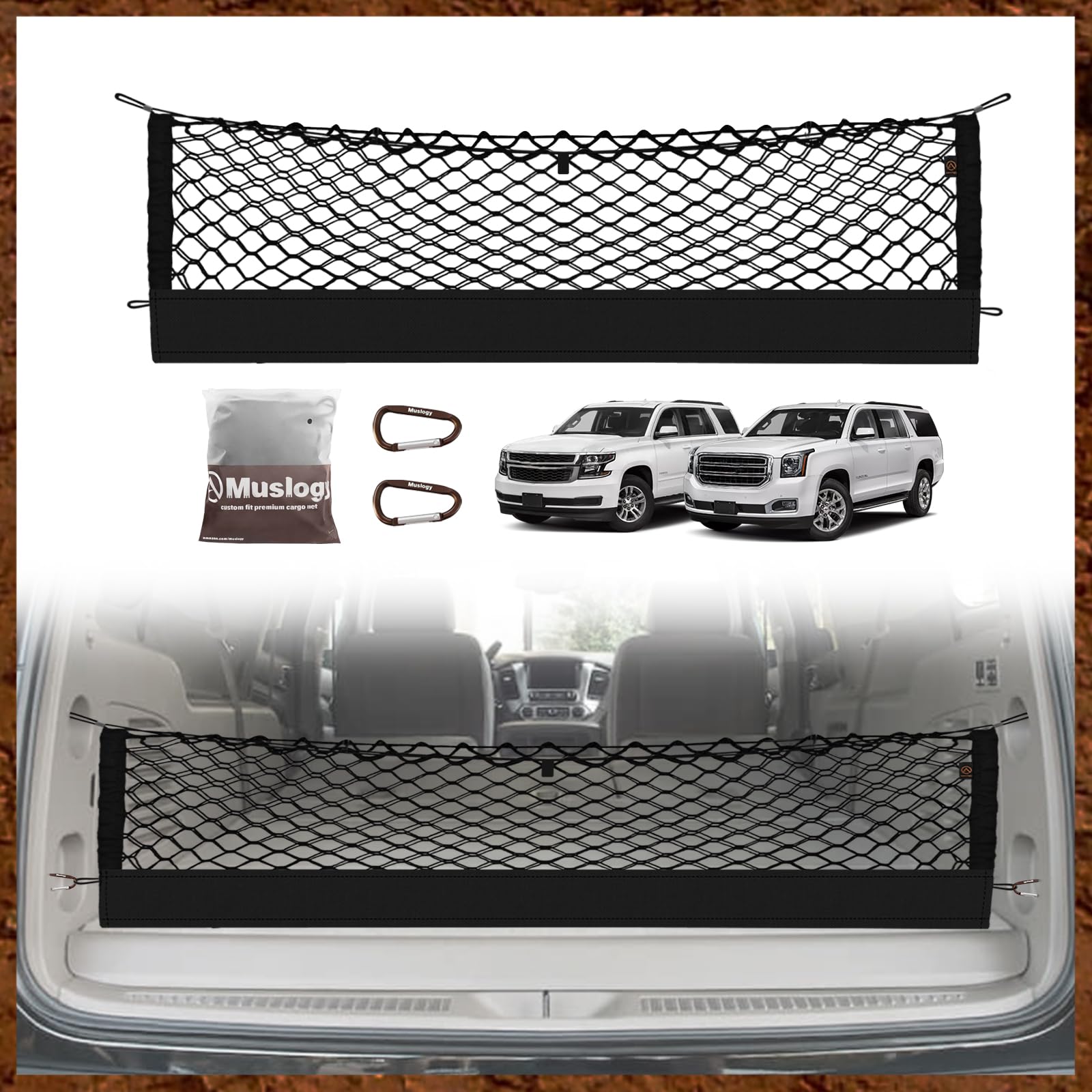 Muslogy エンベロープスタイル トランクカーゴネット 2015-2020 シボレー サバーバン GMC Yukon XL アクセサリー アップグレード メッシュ 収納 ラゲッジネット メタルフック付き