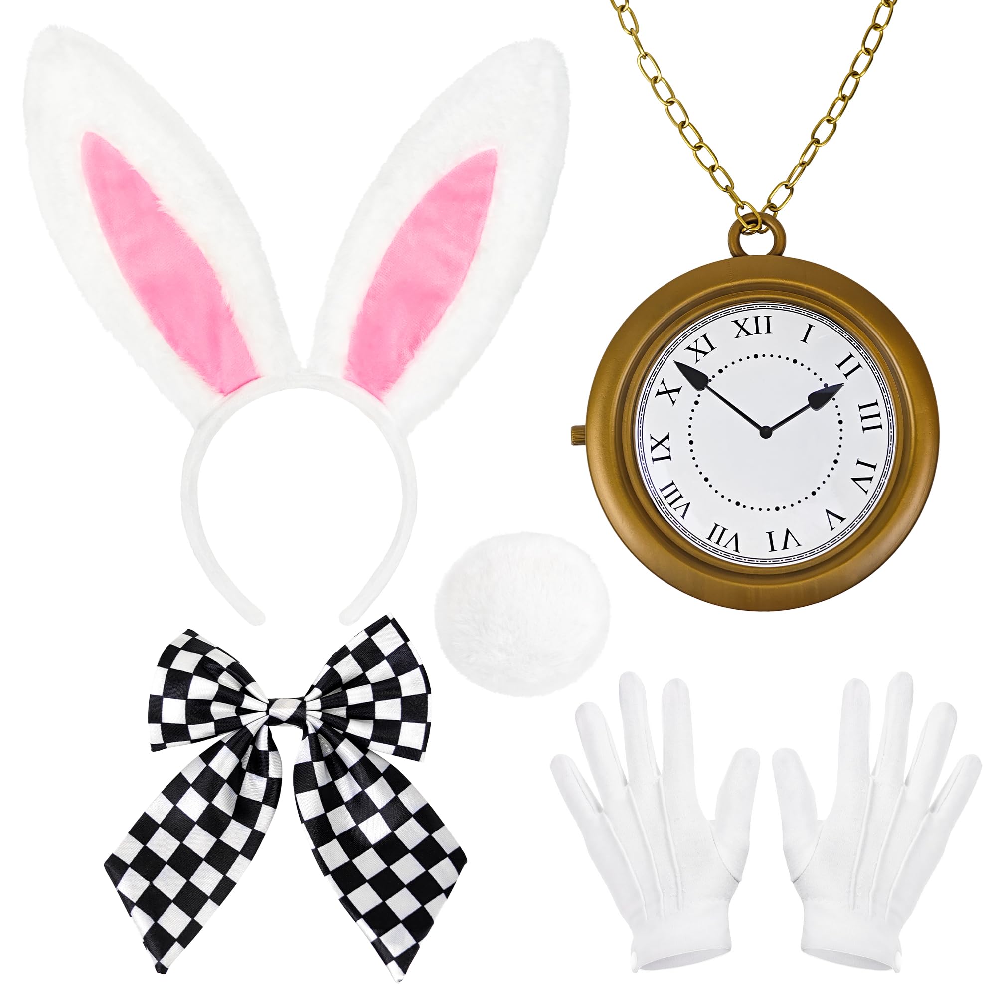 Amlisia 5PCS White Rabbit Costume Accessories, Bunny Costume Set with Ears Headband and Tail Clock Bow Tie for Women Men for Halloween Cosplay