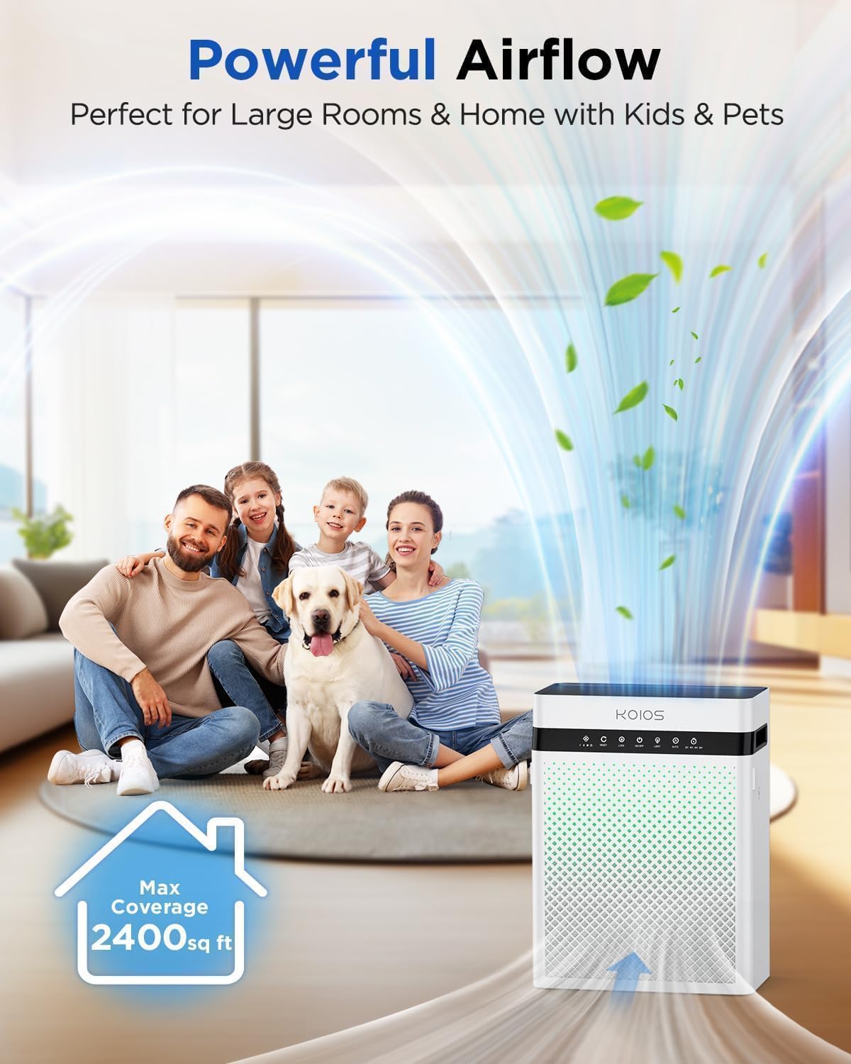 KOIOS Air Purifiers for Home Large Room up to 2400sq.ft, Air Purifier for Home Pets with Washable HEPA Filter, Air Quality Sensor & Aromatherapy, Air Cleaner for Bedroom, Dorm, Office K03