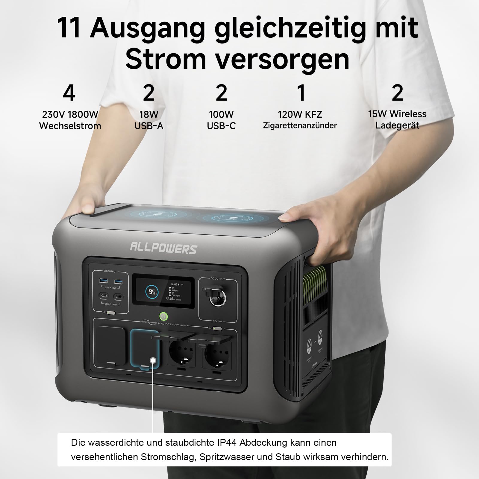 ALLPOWERS R1500 Generator solarny 1152 WH, przenośna stacja zasilania, 4 x 230 V, 1800 W wyjście AC i PD 100 W USB-C, szybkie ładowanie, mobilne zasilanie do przyczep kempingowych i jako awaryjny