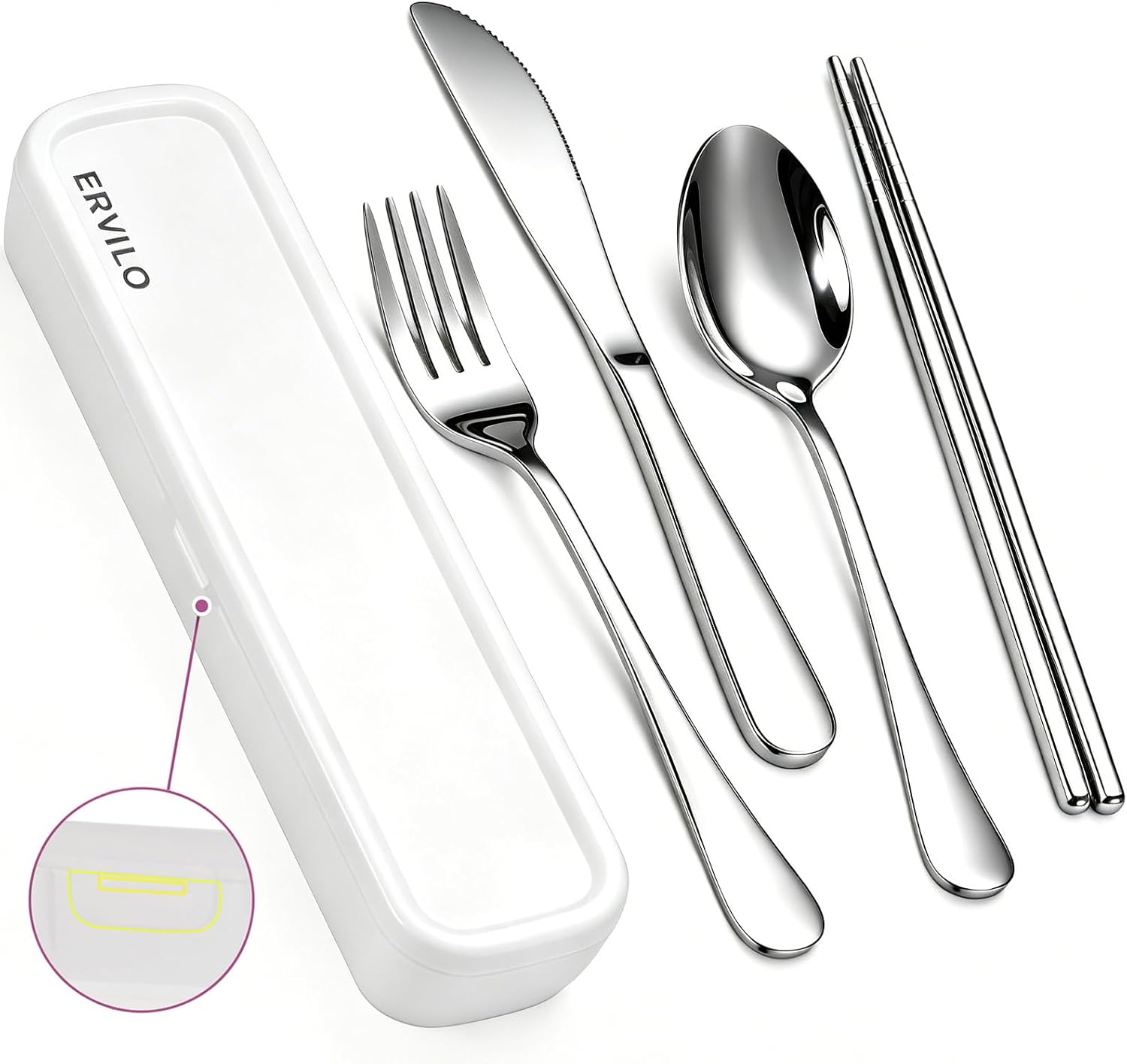 Travel Utensils with Case, Stainless Steel Portable Cutlery Set, Lunch Box Silverware for Work Camping Picnic, Reinforced Case with Snap-Lock Closure, Include Fork Spoon Knife Chopsticks, Silver