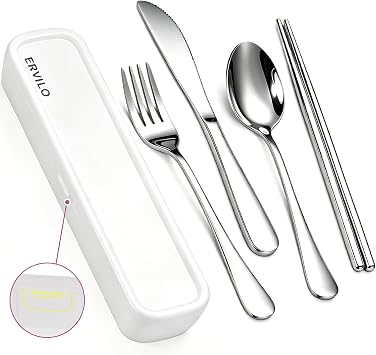 Travel Utensils with Case, Stainless Steel Portable Cutlery Set, Lunch Box Silverware for Work Camping Picnic, Reinforced Case with Snap-Lock Closure, Include Fork Spoon Knife Chopsticks, Silver