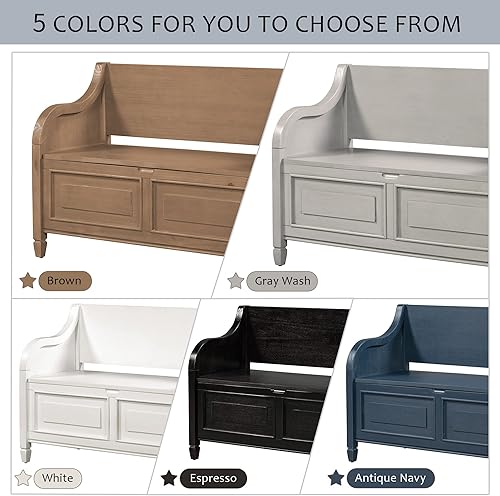 Miniatura 7 de P PURLOVE Banco de almacenamiento de estilo rústico de 42 pulgadas con bisagra de seguridad, banco de almacenamiento multifuncional de madera maciza