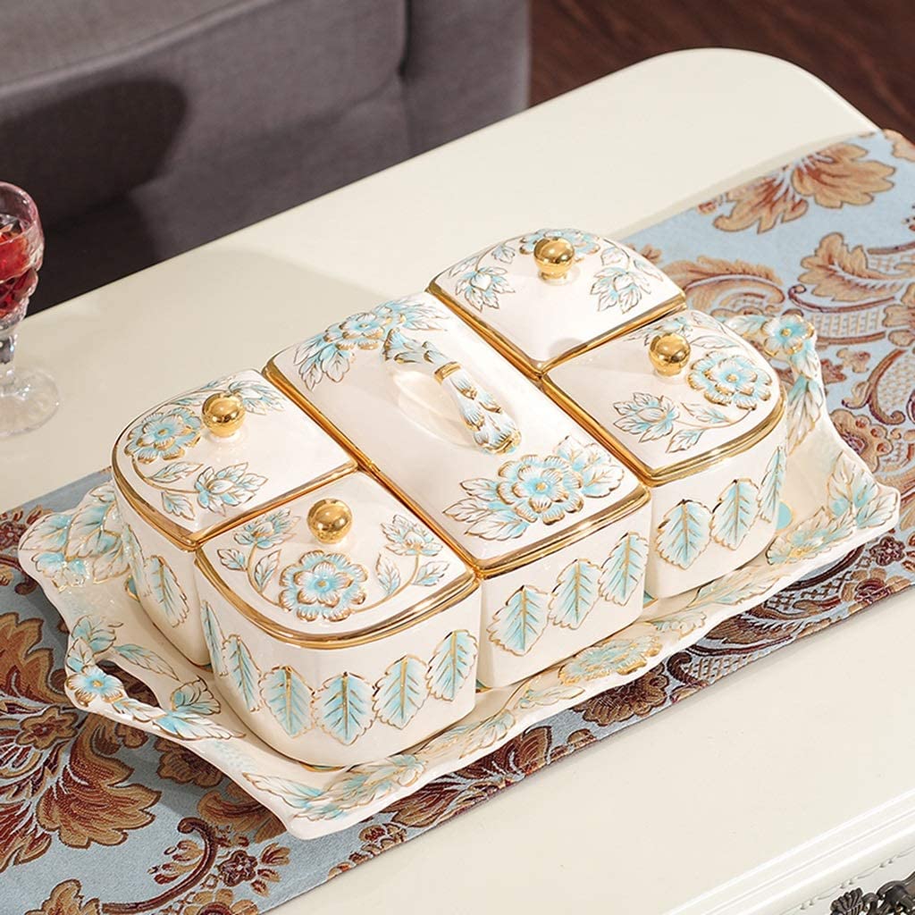 Plato rectangular de cerámica dividido con tapas para frutos secos, caramelos, fiestas y sala de estar en casa