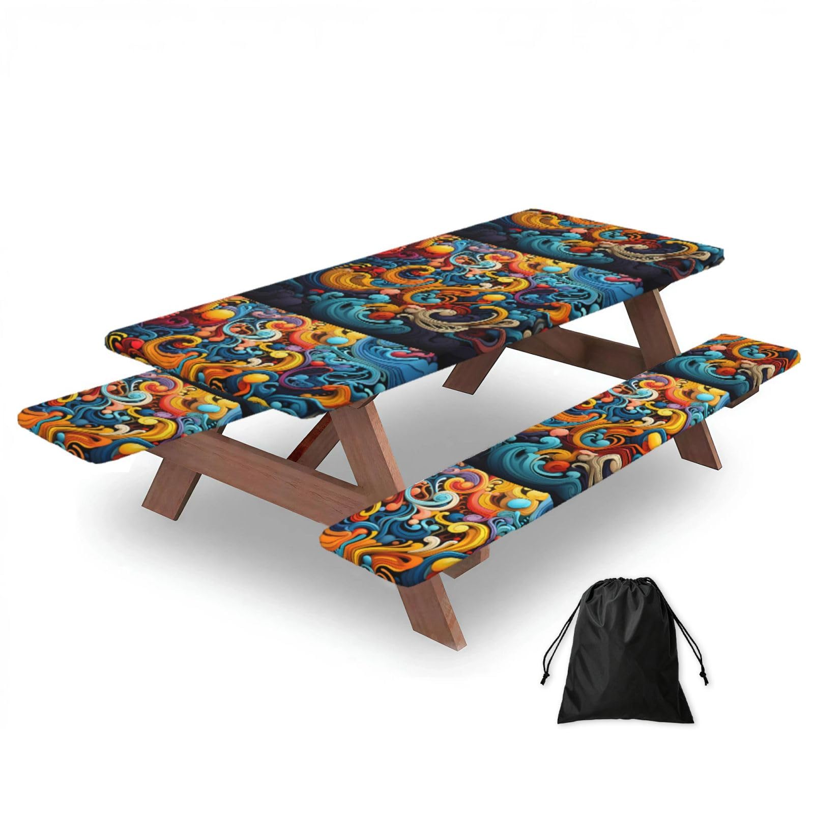 Hhbiuuo Black 72In Camping Table Cover & Bench Covers 3-Pack Set, Multicolored Stripes Print Tablecloths, For Rectangle Tables Picnic