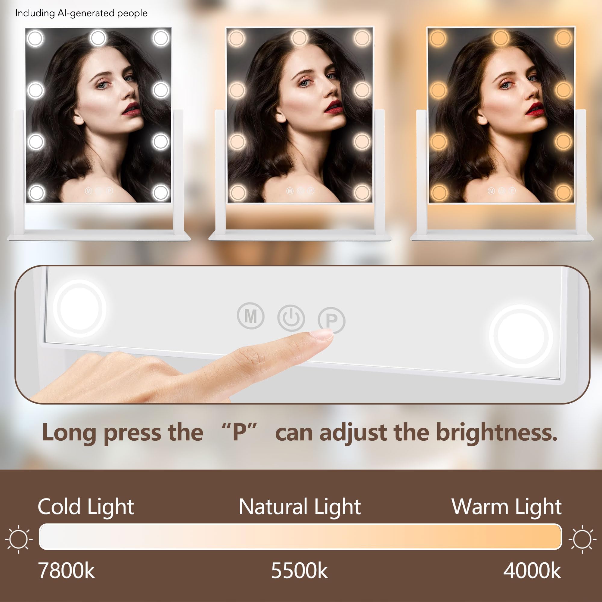 Miroir de maquillage éclairé, miroir de courtoisie Hollywood de 35,6 x 30,5 cm avec 9 ampoules LED, 3 lumières de couleur, miroir grossissant x10 amovible, rechargeable 1200 mAh, contrôle