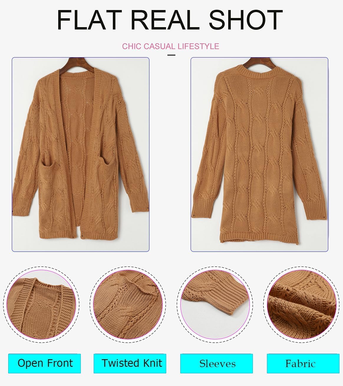 Dokotoo Long Sweaters Cardigans for Women Open Front 2026 Lightweight Christmas Fashion Side Split Fall Twisted Knit Sweaters with Pockets Winter Clothing for Women,Khaki Small - Image 5