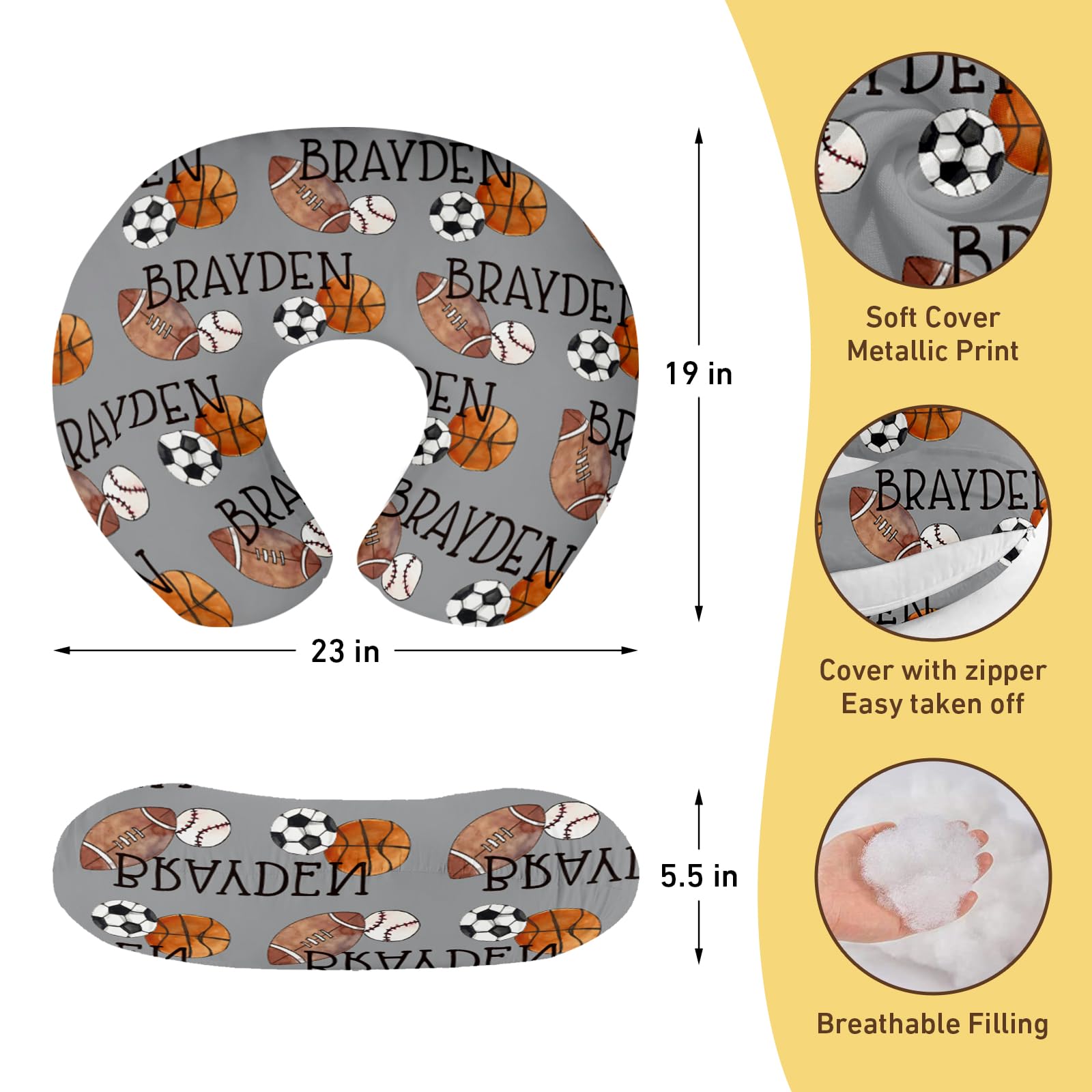 Rucekia Baby Nursing Pillow Cover - Personalized Name Multi-Ball Theme Breastfeeding U-Shaped for Bottle Feeding, Ultra Soft Comfortable Breastfeeding Pillow Cover for Infant Baby Boys and Girls