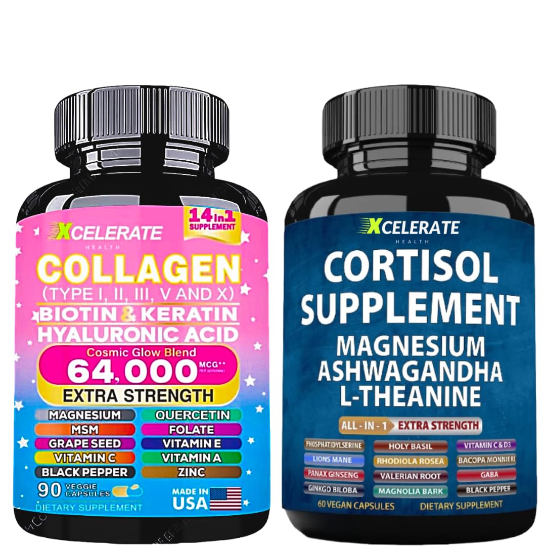 Glow + Calm Bundle – Cosmic Collagen Peptides with Biotin, Keratin Magnesium Mind Complex with Ashwagandha, L-Theanine, Lion’s Mane, Ginkgo Biloba, GABA, Rhodiola (Label May Vary)
