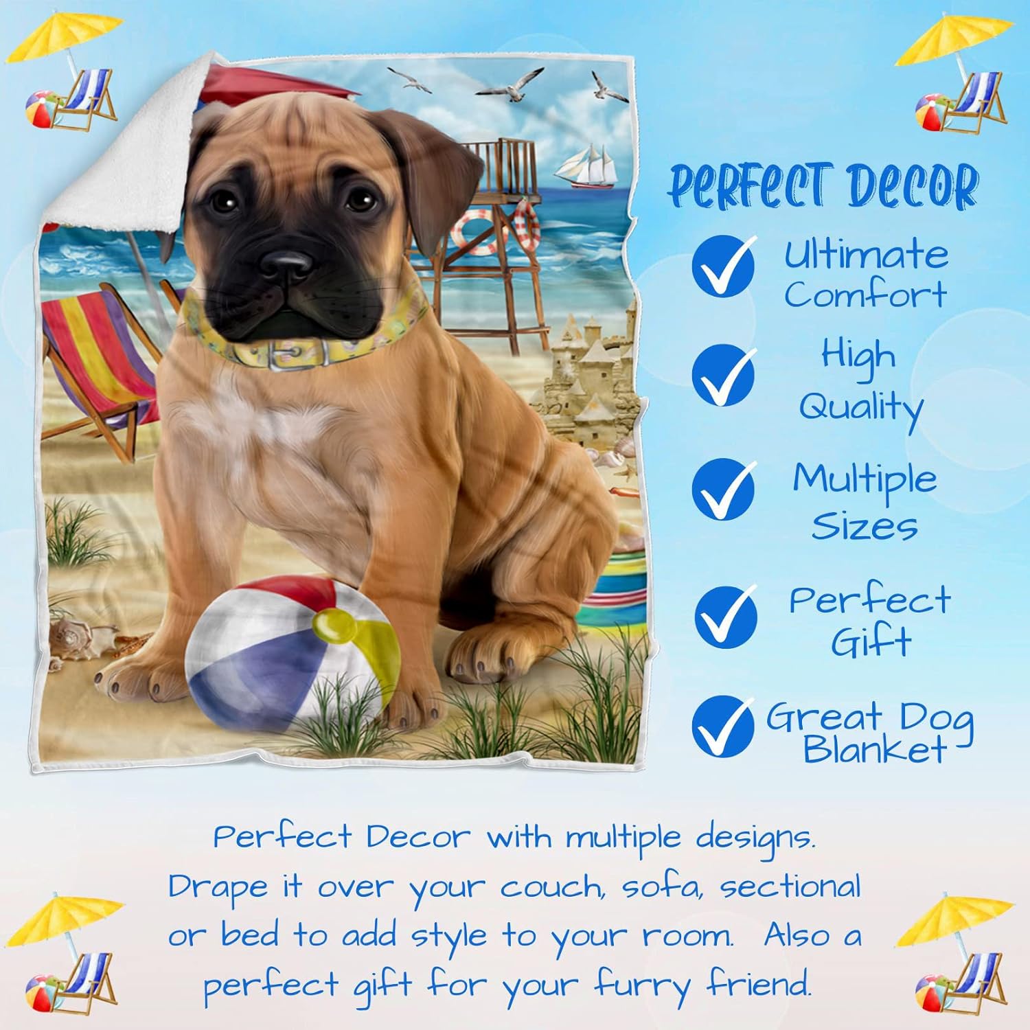 Pet Friendly Beach Bullmastiff Dog Blanket - Lightweight Super Soft Cozy and Durable Bed Blanket - Animal Theme Fuzzy Blanket for Sofa Bed Couch BLNKT55791 (50x60 Sherpa)